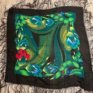 Floral Square 40” X 40" Scarf with Fringed Edges 100% Polyester Scarf